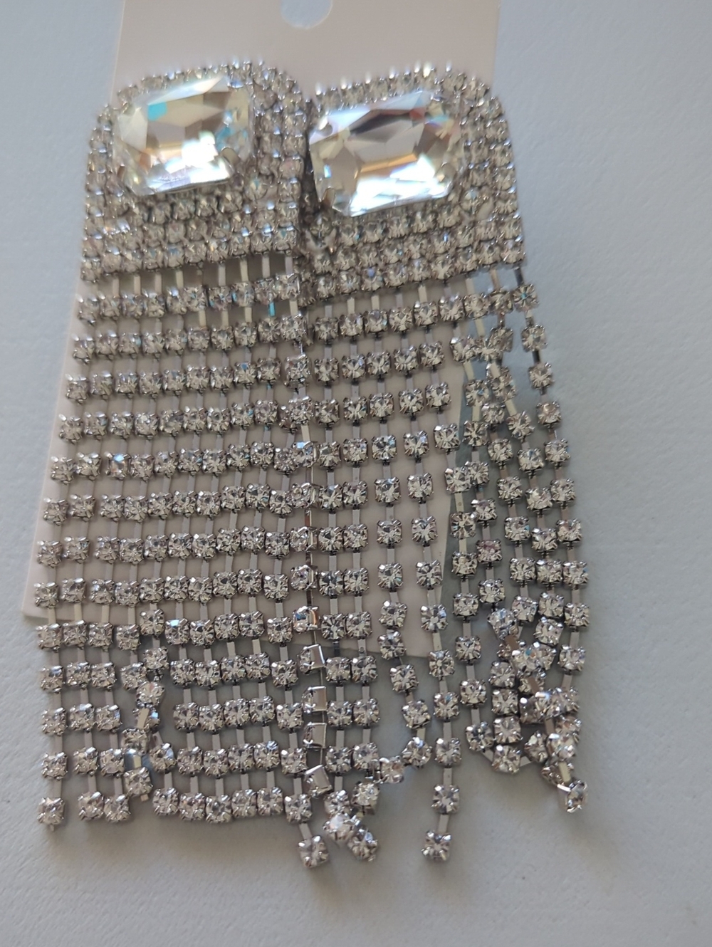 Rhinestone Fringe Drop Earrings - Silver Crystal